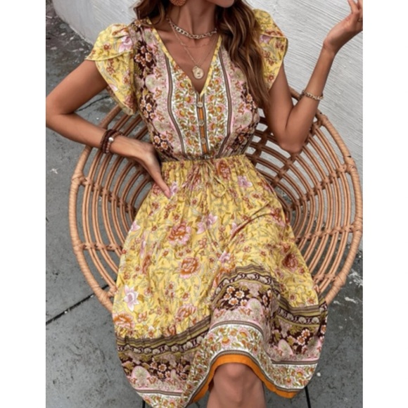 Boho floral print V neck ruffle hem dress - Picture 5 of 7